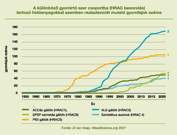A különböző herbicidcsoportokban a rezisztens gyomok számának időbeni növekedése HEAP (2021) nyomán
