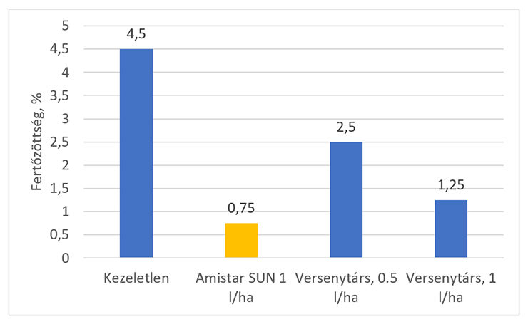 2. ábra: Amistar SUN hatékonysága és tartamhatása repce becőrontó (Alternaria spp.) ellen kezelés után 60 nappal (forrás: Syngenta fejlesztői kísérletek, HU, n=2, 2019, Boros Szilárd)