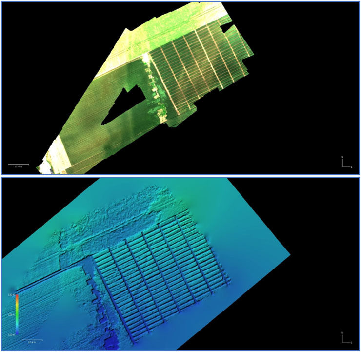 3.ábra: Felső kép a kísérleti terület ortofotója, alatta a digitális magassági modell (forrás: Boros Szilárd)