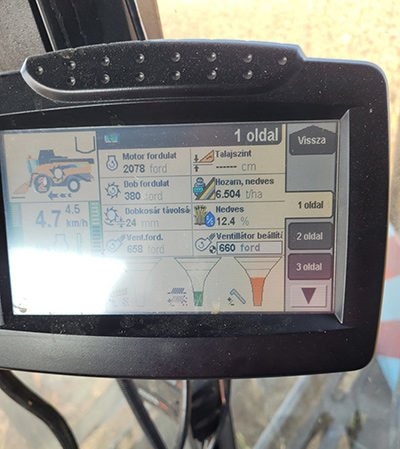 Hozammérő kombájn monitor képe (Kisoroszi 2021, SY Onestar aratása közben)