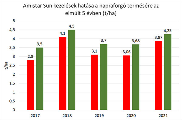 Amistar Sun kezelések hatása a napraforgó termésére az elmúlt 5 évben (t/ha)