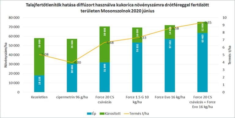 3. ábra: Talajfertőtlenítők hatása diffúzort használva kukorica növényszámra drótféreggel fertőzött területen, Mosonszolnok 2020 június