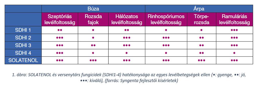 SOLATENOL és versenytárs fungicidek (SDHI1-4) hatékonysága az egyes levélbetegségek ellen 