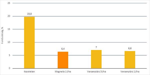 Magnello kalászfuzáriózis elleni hatékonysága (kezelés ideje: 2019.05.17. virágzás kezdete, SYN magyarországi fejlesztői kísérlet, n=2)